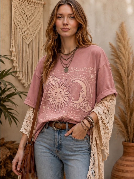 Bluevelvet Tops - BlueVelvet M/L Celestial Sun & Moon Graphic Tee - Pink-Pink Short Sleeve Top